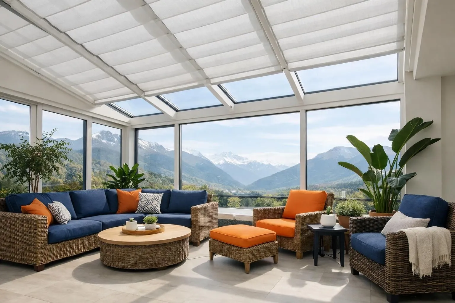 Un espace extérieur moderne et spacieux avec des stores en tissu élégants, une vue sur les montagnes et un mobilier confortable en rotin.