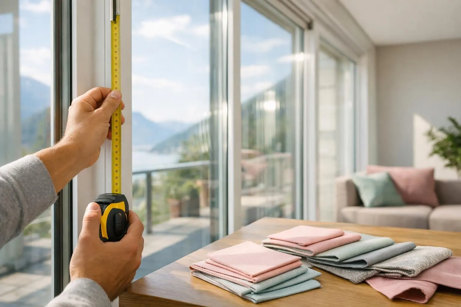 Un installateur professionnel évalue les grandes fenêtres d'un porche moderne dans une maison suisse, la lumière du soleil traverse les panneaux de verre, scène de consultation avec des échantillons de tissu visibles sur la table, style de photographie d'intérieur réaliste.