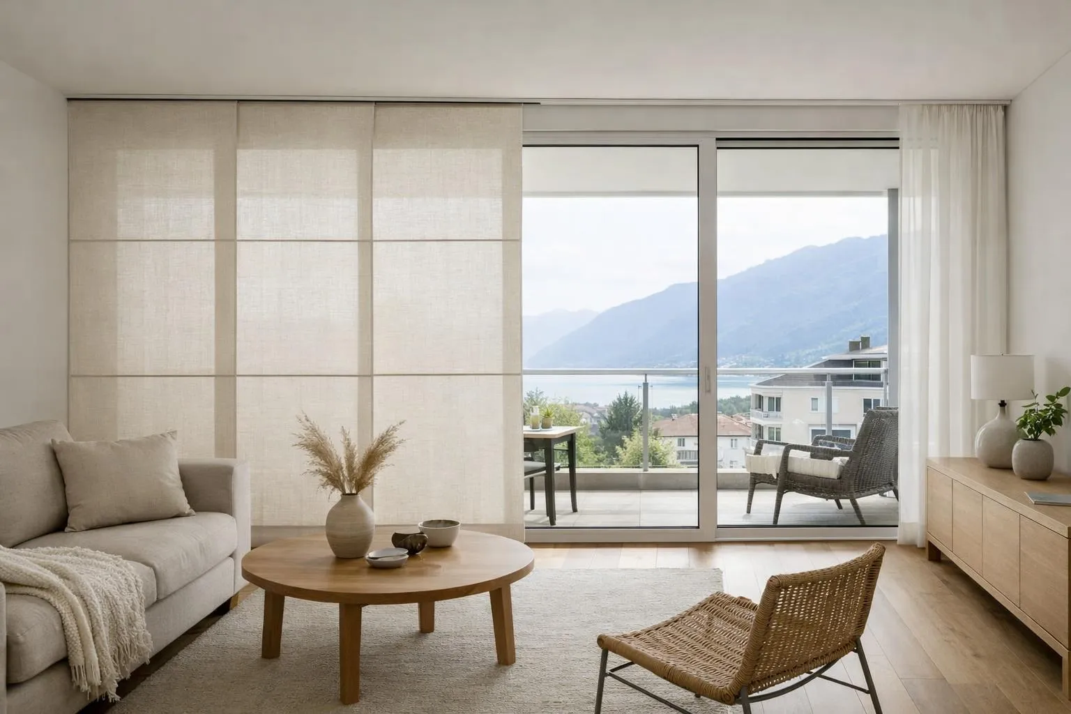 Salon lumineux avec vue panoramique sur les montagnes.
