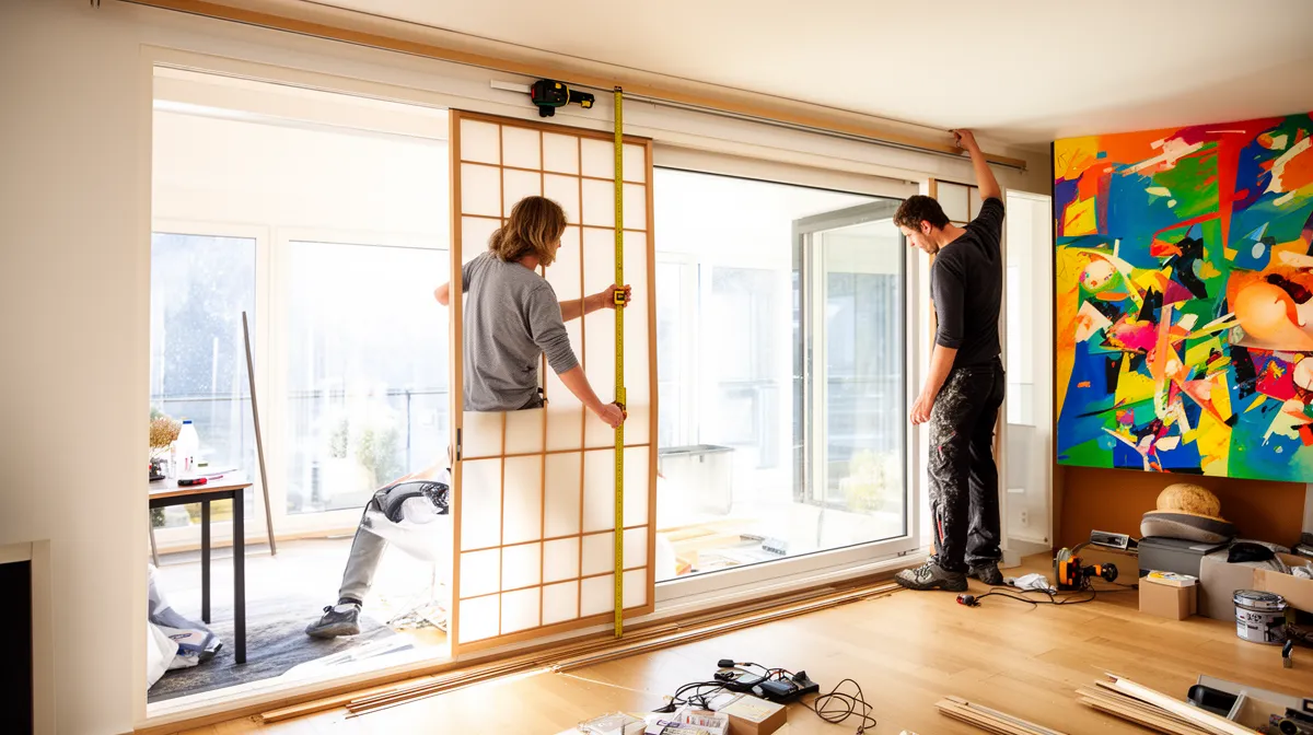 Deux personnes installent une cloison coulissante en bois dans une pièce avec une grande fenêtre.