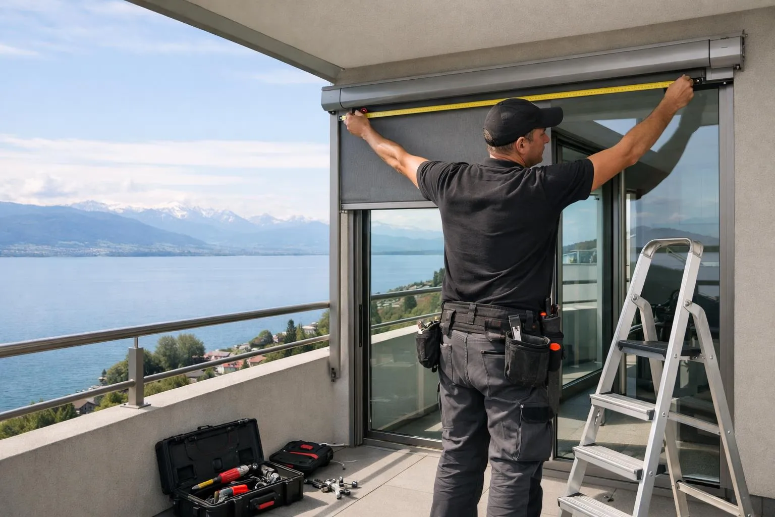 Un ouvrier installant un store roulant sur un balcon avec une vue panoramique sur un lac et des montagnes.