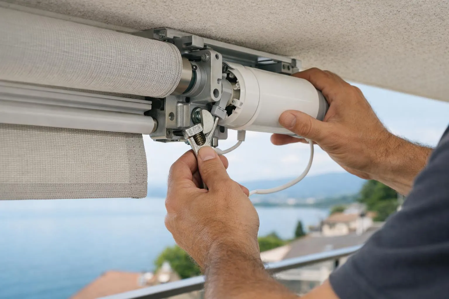 Mécanicien installant un store roulant électrique sur un mur.
