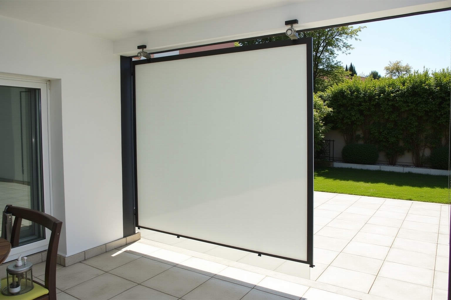 Écran de projection blanc monté sur un cadre noir dans une pièce avec vue sur un jardin.