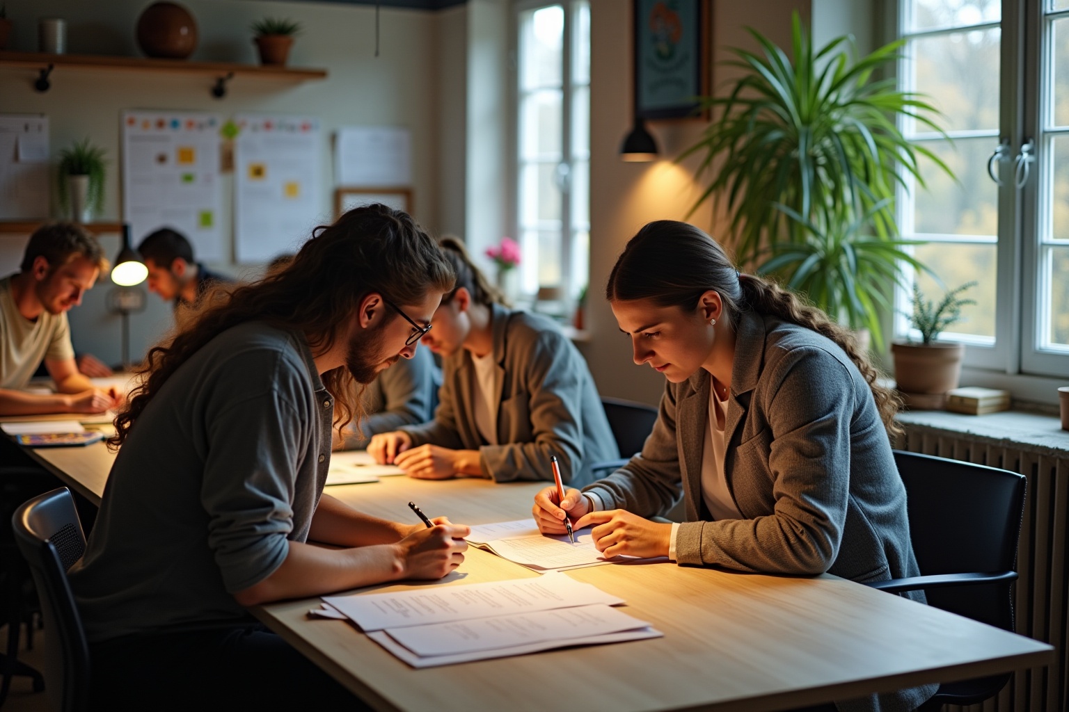 Groupe d'étudiants studieux travaillant ensemble dans un environnement de bureau confortable.