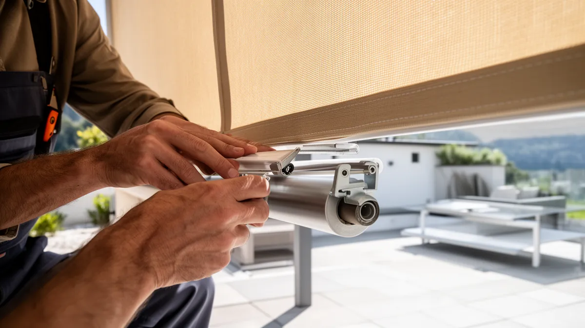 Mains d'un homme installant un mécanisme de fenêtre dans un intérieur moderne.