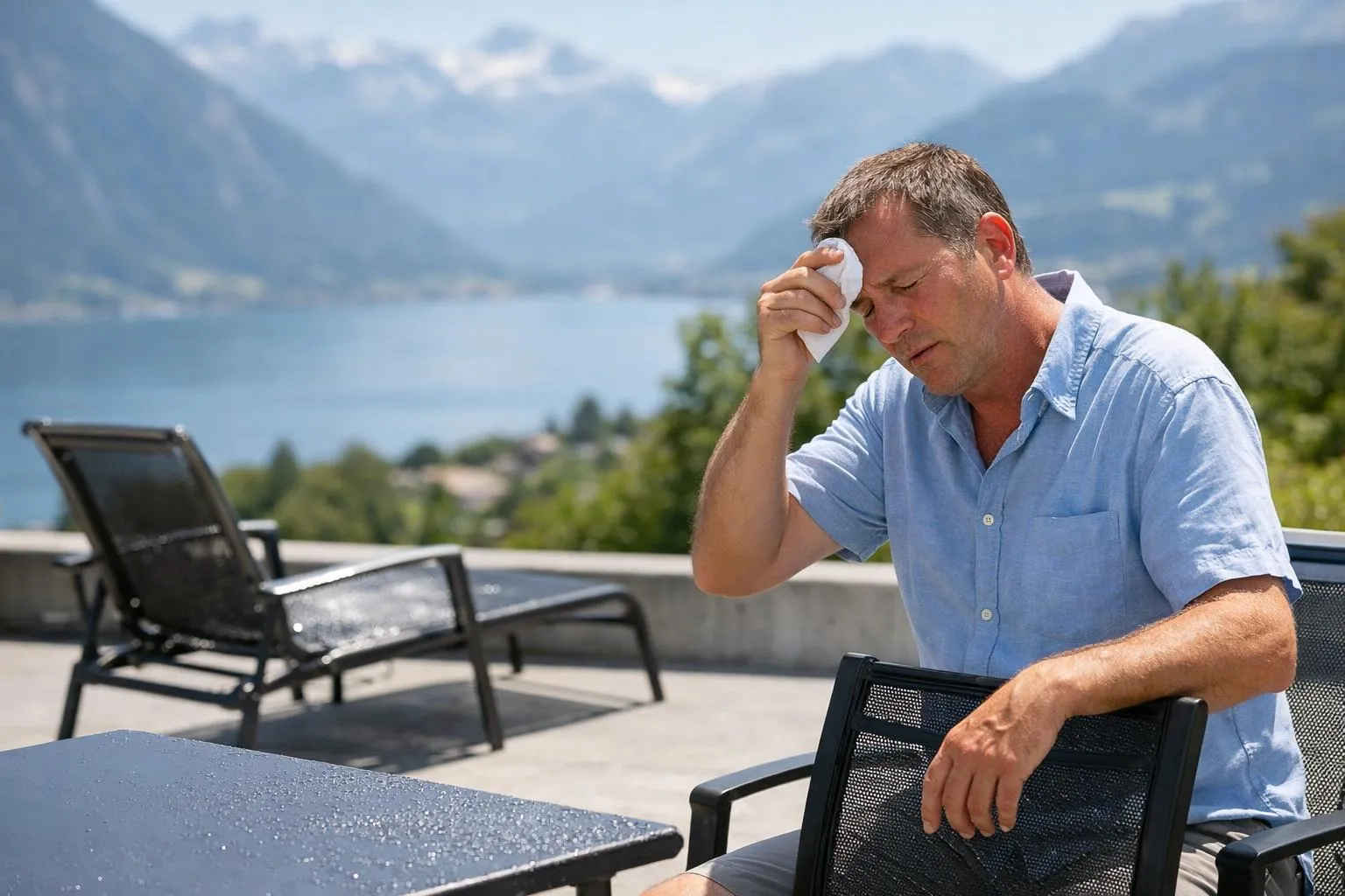 Homme âgé assis sur une terrasse avec vue sur les montagnes.