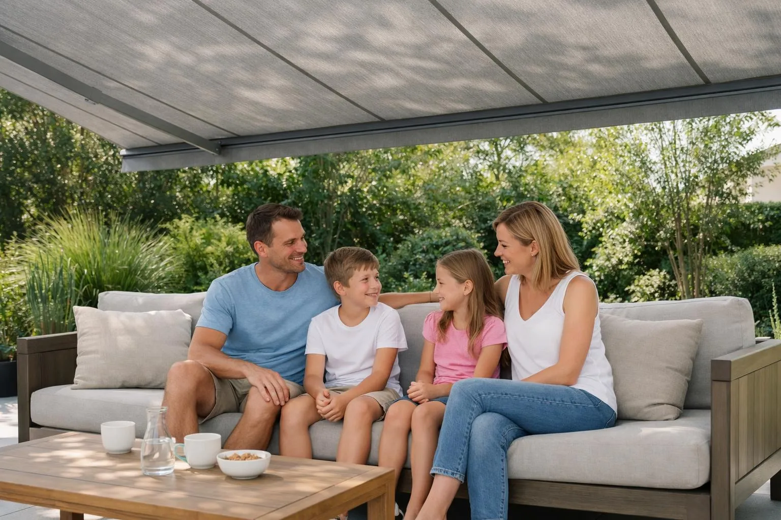 Famille heureuse profitant d'un moment de détente dans un jardin verdoyant.