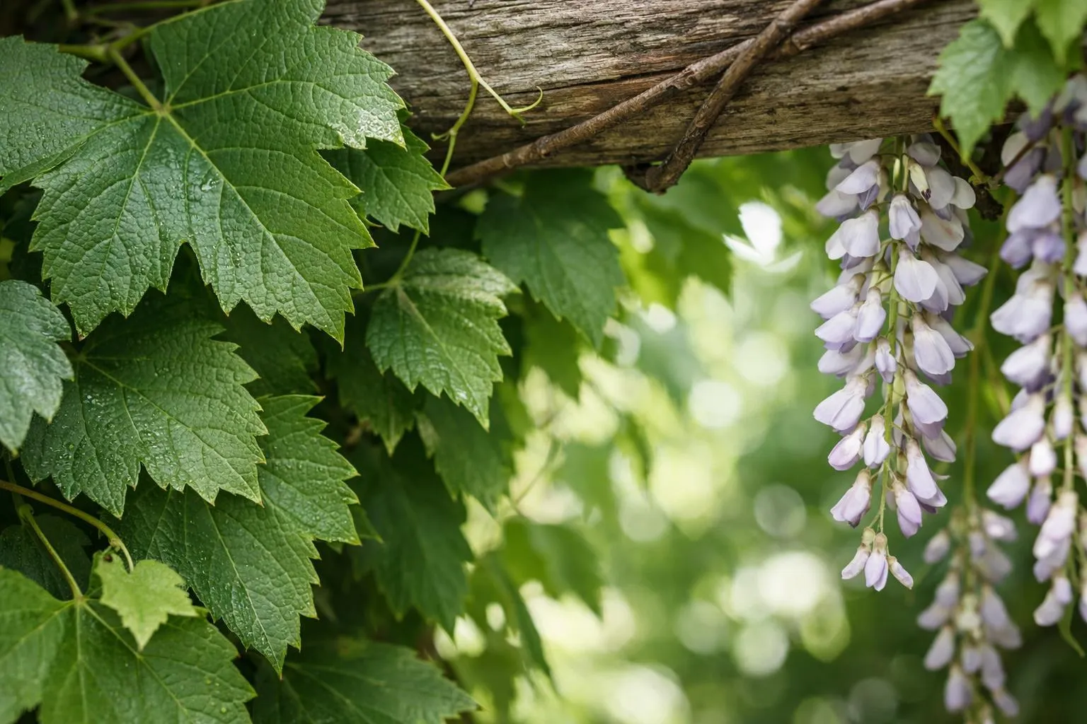 Feuilles vertes de vigne, fleurs violettes pendantes, branches de bois.