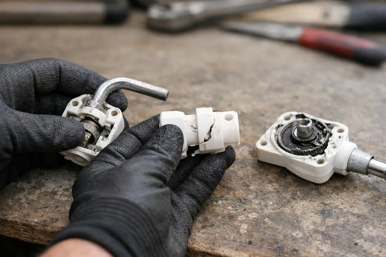 Gros plan de trois mécanismes de manivelle de stores cassés sur un plan de travail, avec tige pliée, raccord en plastique fissuré et mécanisme rotatif endommagé, dans un atelier de réparation professionnel avec des mains gantées examinant les pièces, écl