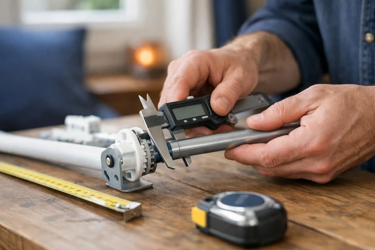 Gros plan des mains mesurant une tige de store avec un pied à coulisse numérique, ruban à mesurer sur une table en bois avec poignée et pièces de tige métallique, lumière naturelle à travers la fenêtre, intérieur suisse.