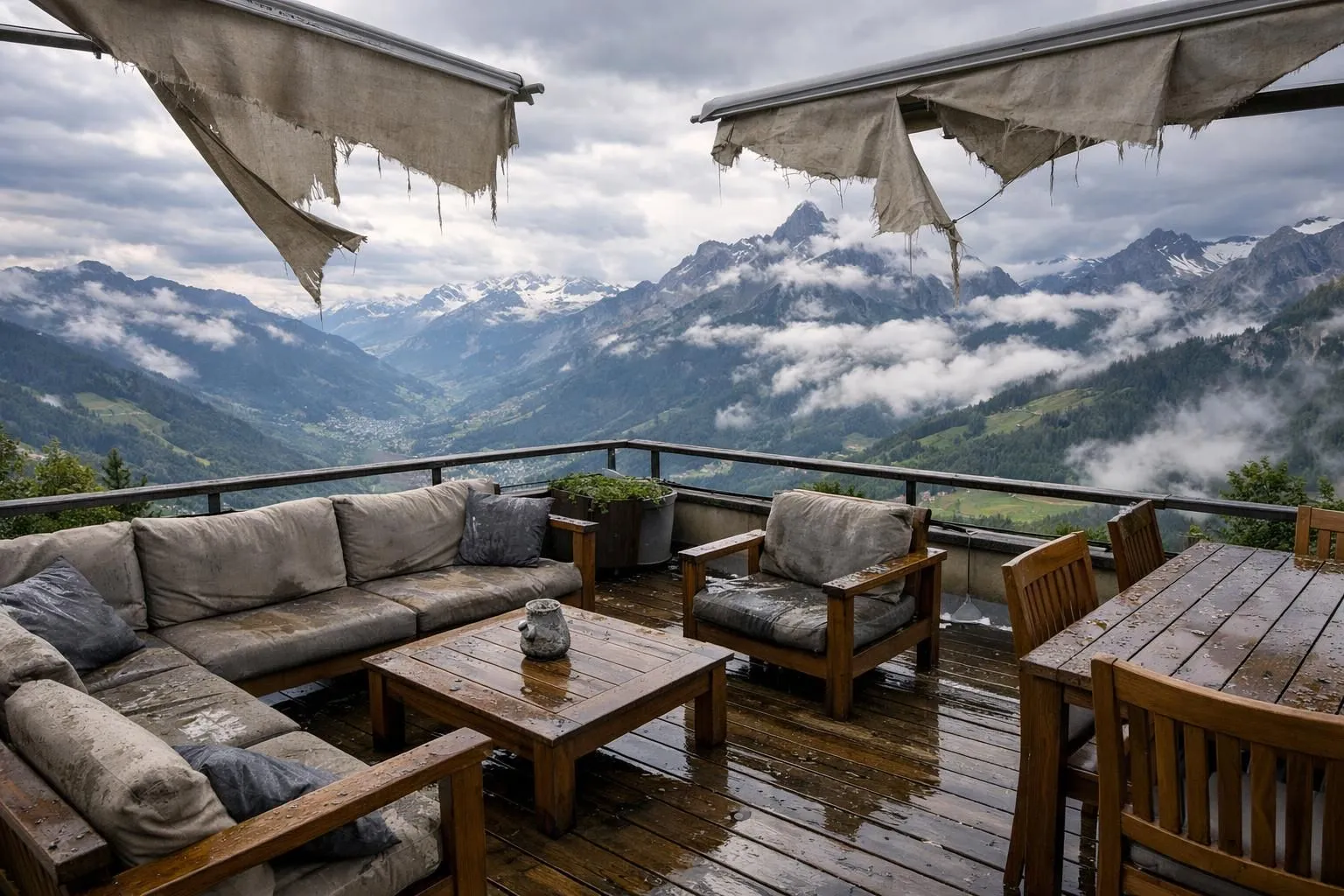 Terrasse résidentielle suisse après un orage, avec mobilier en bois partiellement trempé, coussins humides abandonnés sur des chaises longues, et stores en toile légèrement déchirés par le vent, vue sur les Alpes en arrière-plan sous un ciel nuageux gris. Style photographique documentaire, lumière naturelle diffuse, angle légèrement plongeant montrant l'état de la terrasse sans aucun texte ni panneau visible.