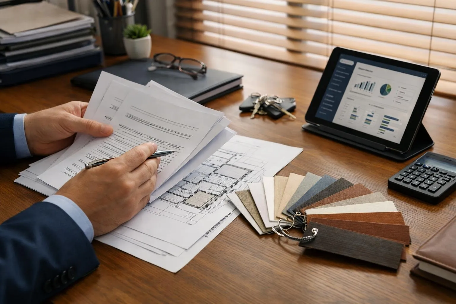 Bureau d'architecte avec plans, échantillons de matériaux et tablette numérique.