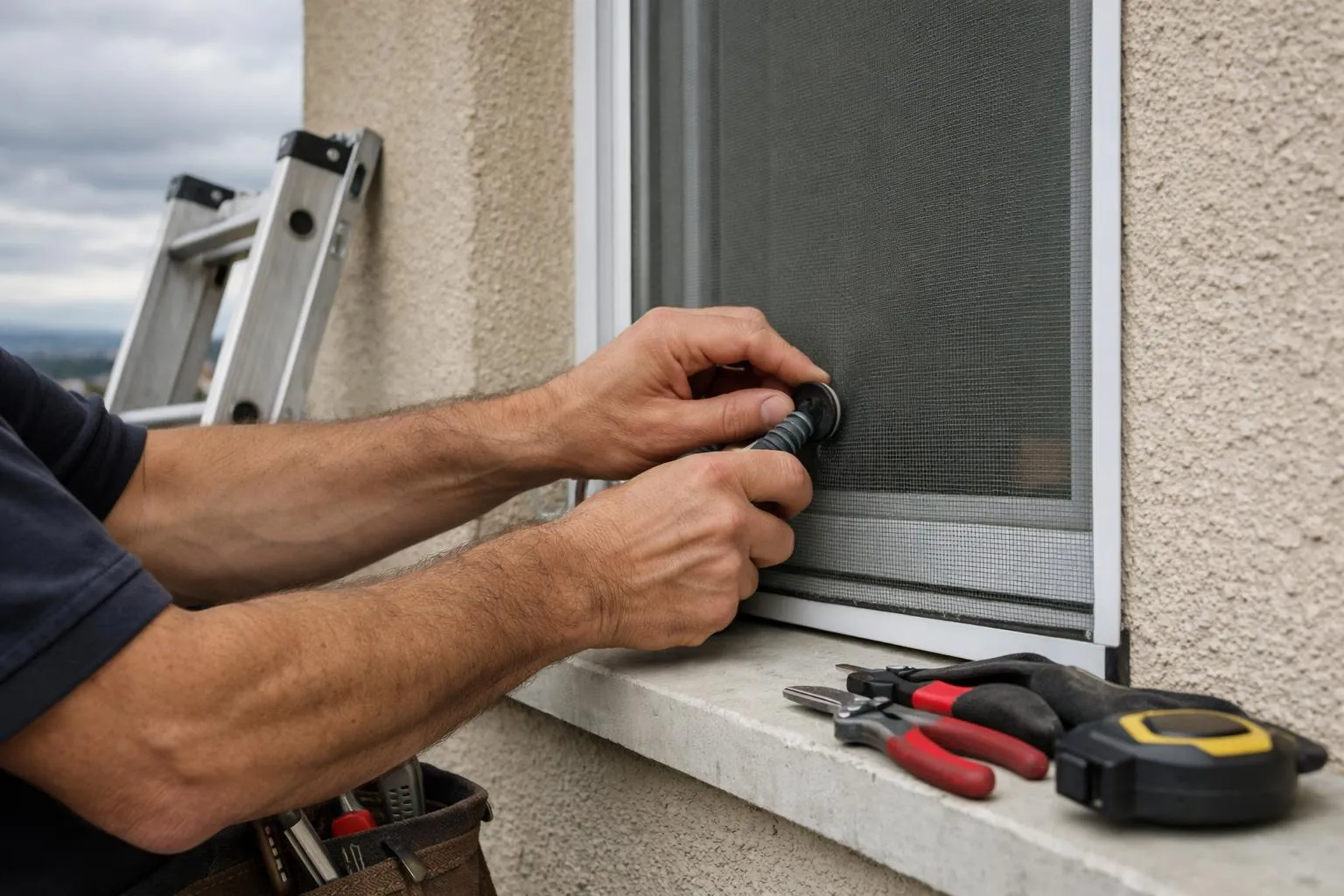 Homme installant un écran moustiquaire sur une fenêtre.