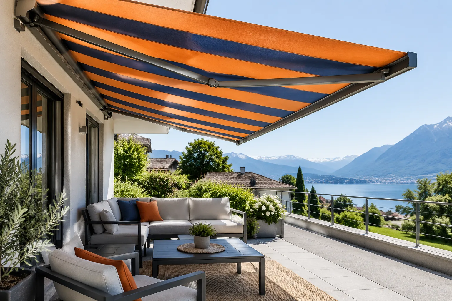 Terrasse panoramique avec store orange, mobilier et lac alpin