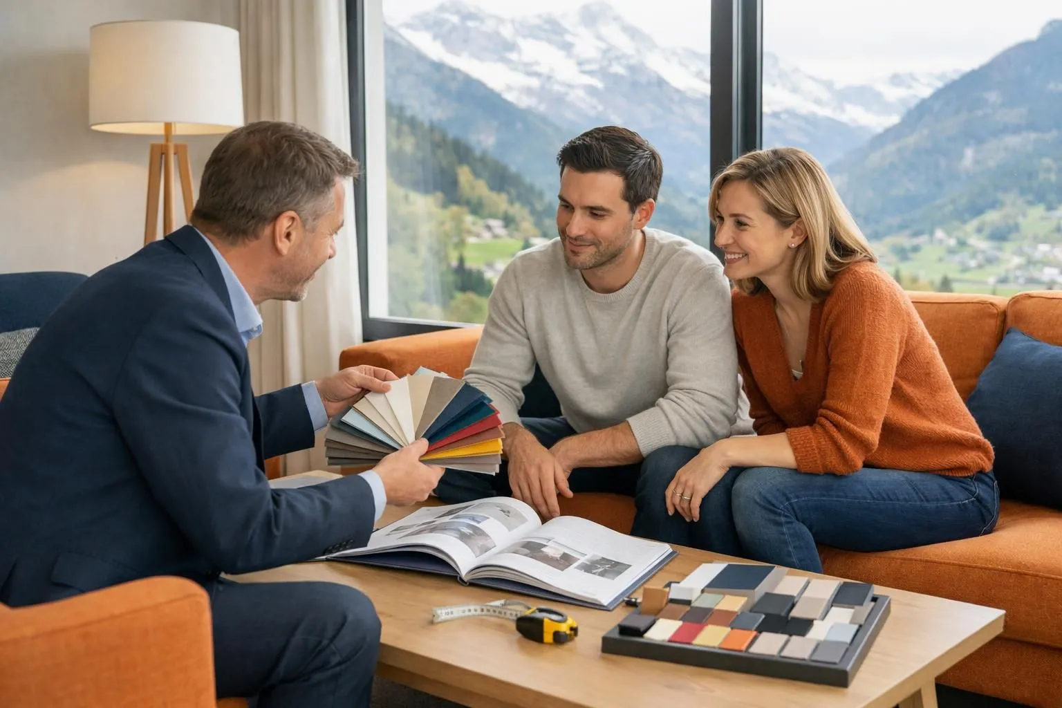 Un consultant en magasin présente des échantillons de tissus et des catalogues techniques à un couple suisse dans un salon lumineux avec de grandes fenêtres donnant sur des montagnes, un mètre ruban et des échantillons de matériaux sur la table basse, éclairage naturel, photographie réaliste