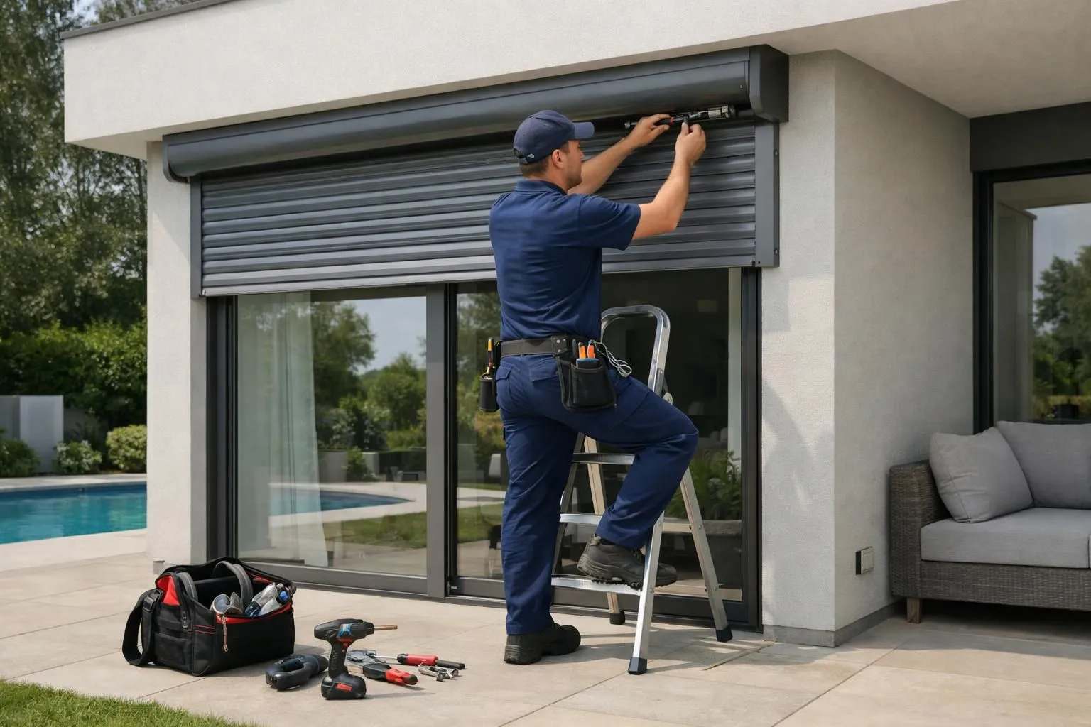 Technicien qualifié en uniforme professionnel inspectant et ajustant des stores extérieurs électriques sur la façade d'une belle villa moderne en Suisse Romande, avec outils de maintenance visibles, ambiance lumineuse naturelle, photo réaliste de haute qualité