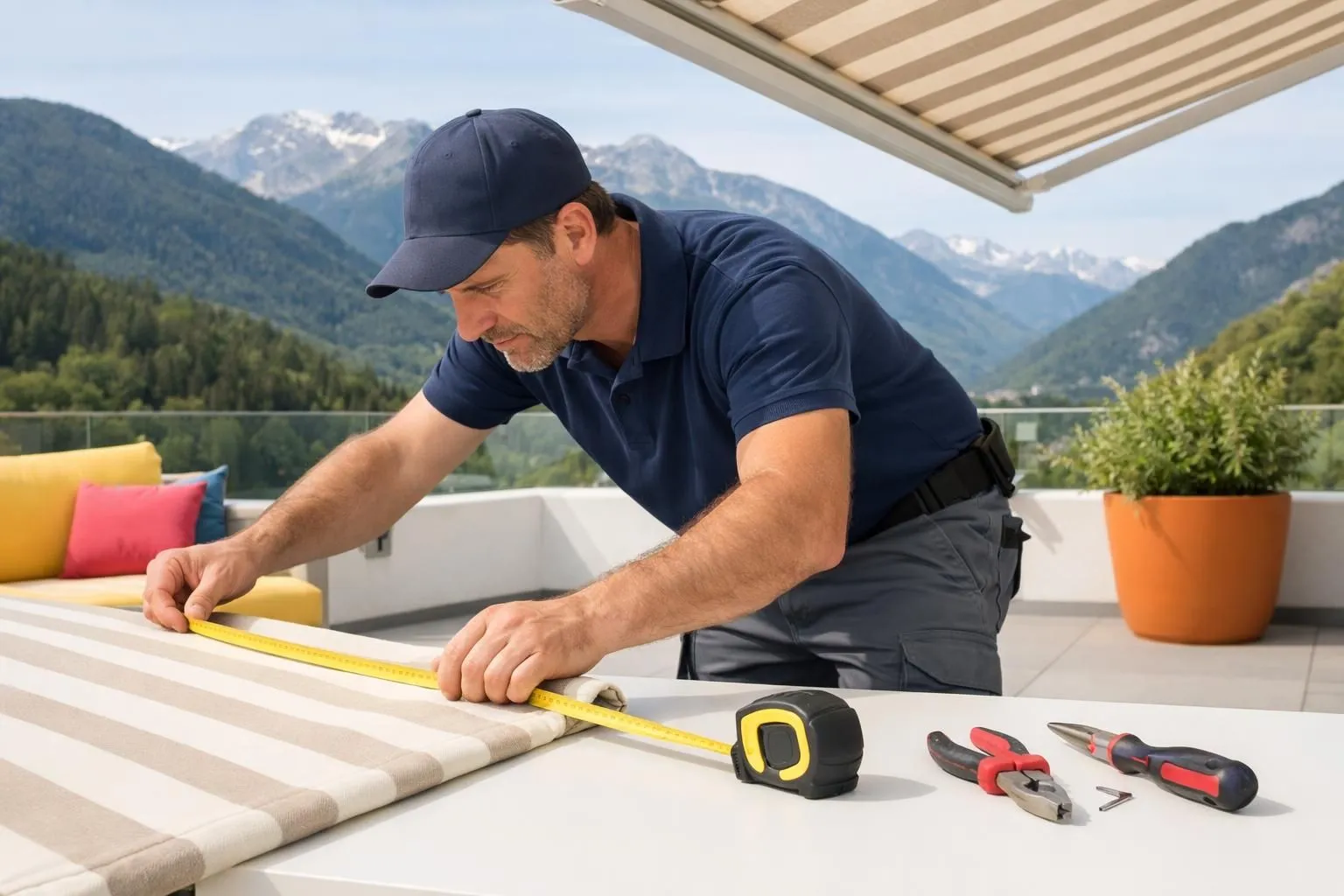 Un technicien remplaçant le store rayé beige sur une terrasse suisse avec vue sur les montagnes, avec un mètre et des outils sur une table blanche.
