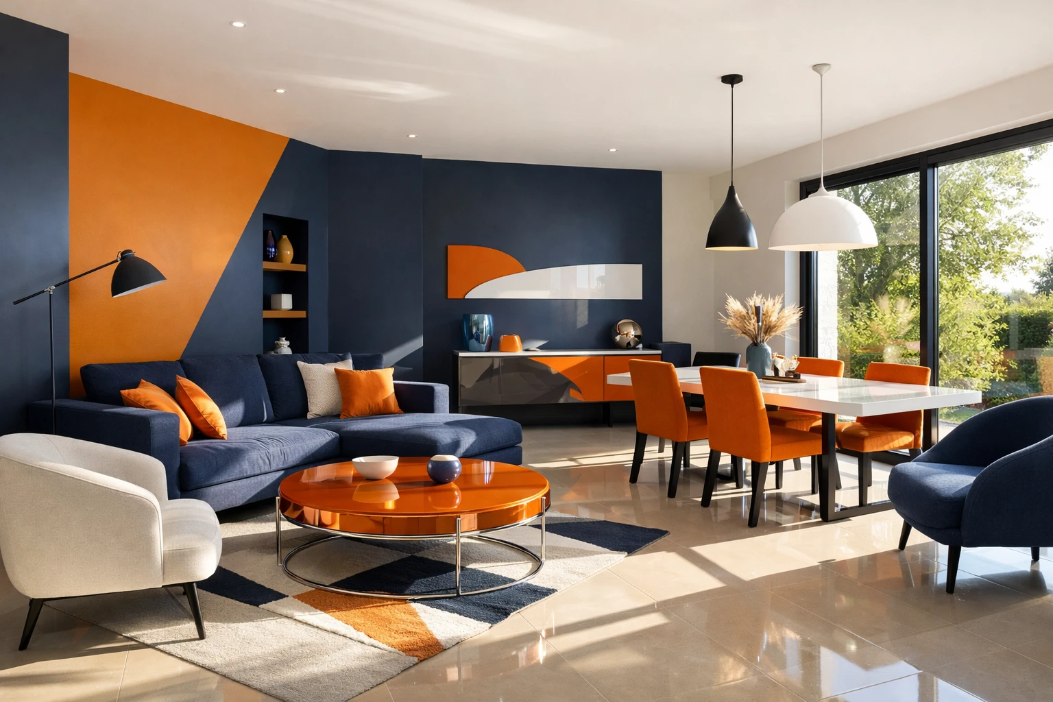 Swiss home living room with large south-facing windows flooded with intense sunlight, showing heat glare on furniture and uncomfortable bright interior, no text or labels