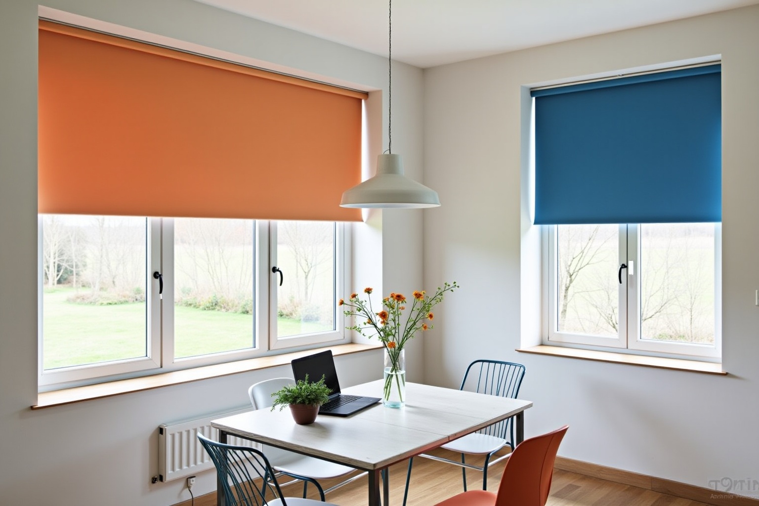 Salle à manger lumineuse avec fenêtres, rideaux orange et bleus, table et chaises.