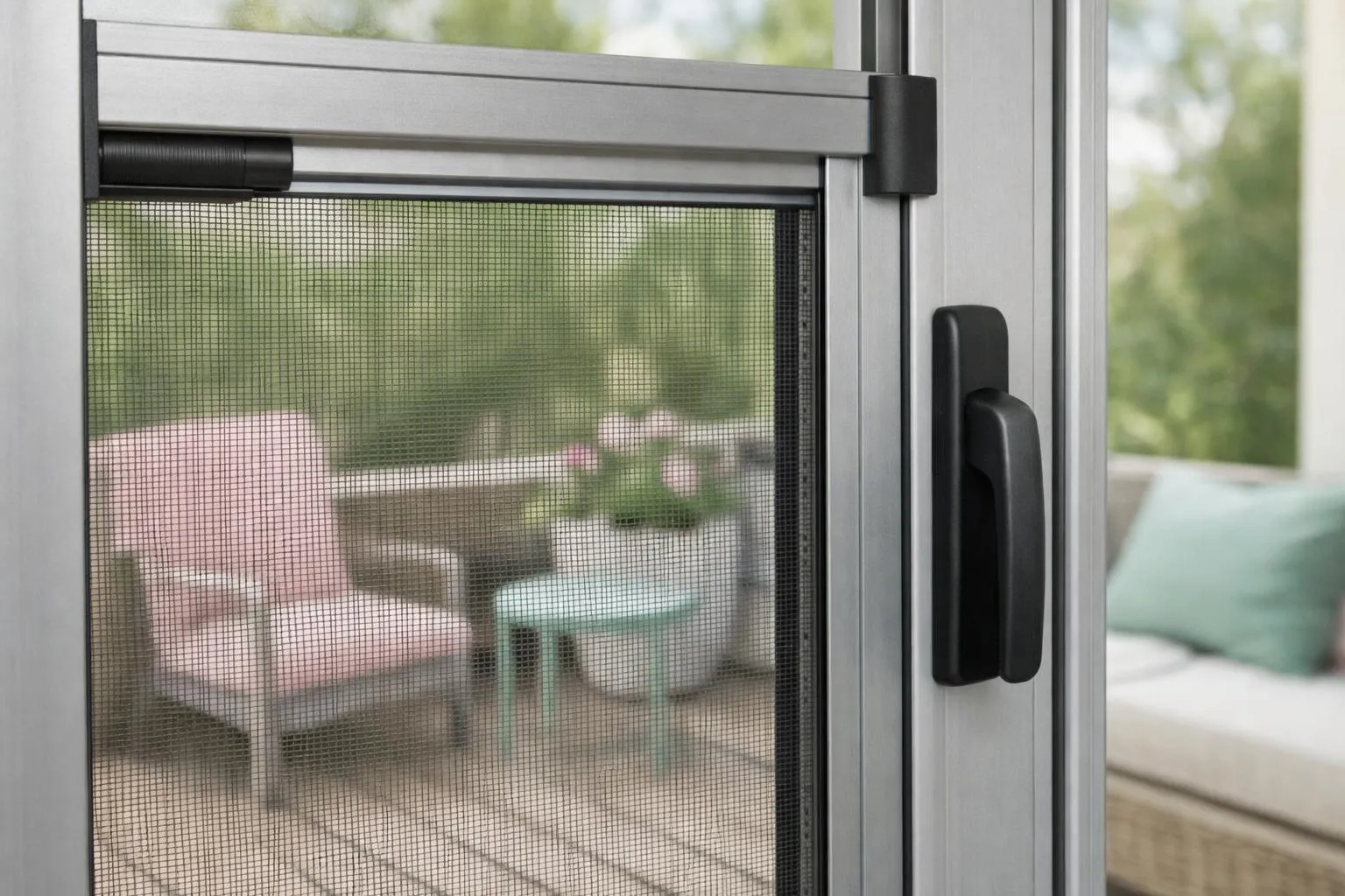 Un écran anti-moustiques rétractable moderne installé sur une porte-fenêtre coulissante dans une maison suisse, montrant le matériau en maille en position semi-déployée avec le cadre en aluminium et le mécanisme de poignée visibles, la lumière du jour naturelle entrant, vue int