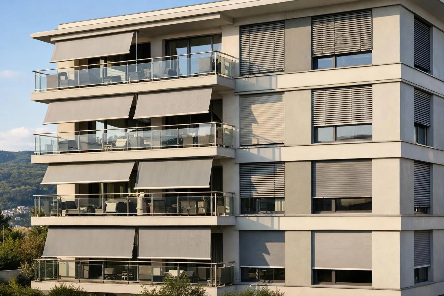Modern Swiss residential building with elegant exterior sun protection systems installed on the facade, showing multiple floors with coordinated awnings and roller blinds, natural daylight filtering through, contemporary architecture style, warm afternoon light highlighting the building's comfort features