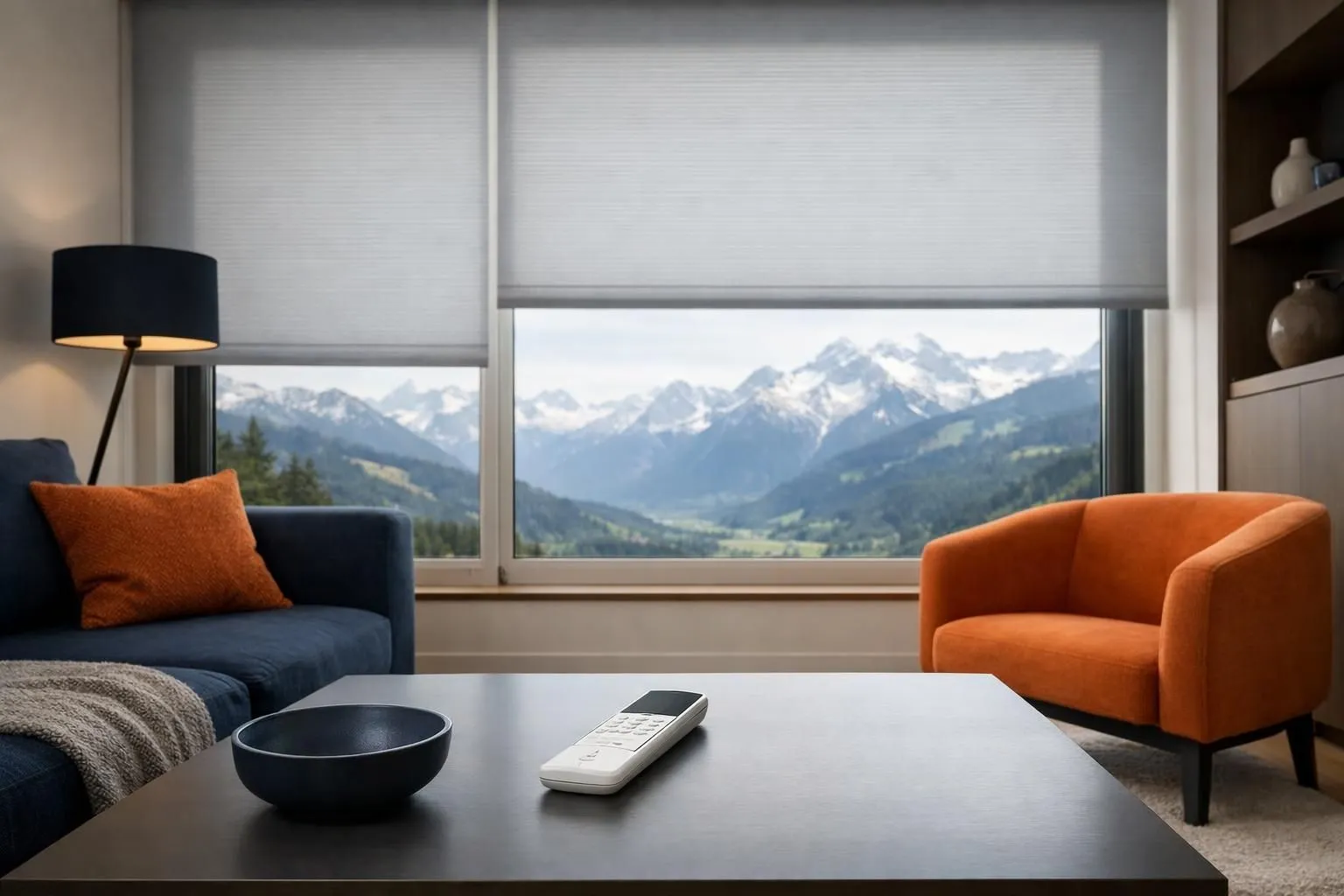Un salon suisse élégant avec des stores roulants automatisés partiellement fermés, une lumière naturelle douce filtrant à travers, une télécommande moderne sur la table basse, une vue alpestre visible par la fenêtre, un intérieur contemporain douillet.