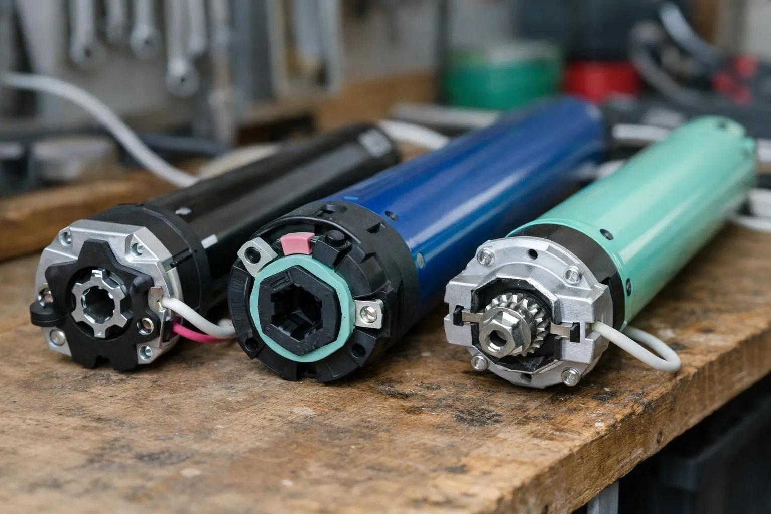 Trois types de moteurs de volet roulant présentés sur un établi en bois dans un atelier suisse - moteur tubulaire filaire, moteur radio-commandé sans fil et moteur solaire compact avec panneau photovoltaïque, photographie technique de qualité mettant en valeur l'artisanat et