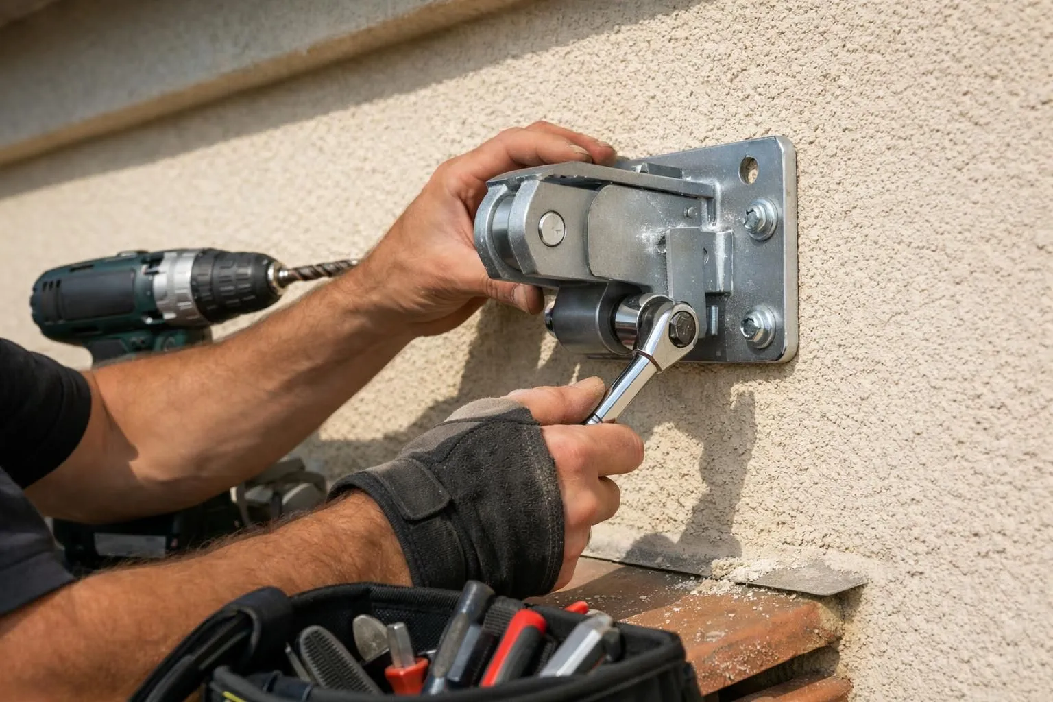 Professional installer on ladder mounting a motorized awning bracket on beige house facade in Suisse romande neighborhood, with toolbox and drilling equipment visible, sunny afternoon lighting showing attention to precision work