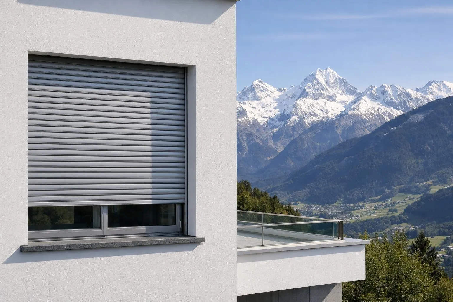 Vue rapprochée des lames de volet roulant en aluminium moderne à finition gris argent installées sur la fenêtre d'une villa suisse contemporaine, avec les sommets des Alpes visibles en arrière-plan, la lumière du jour naturelle mettant en valeur la surface métallique épurée et l