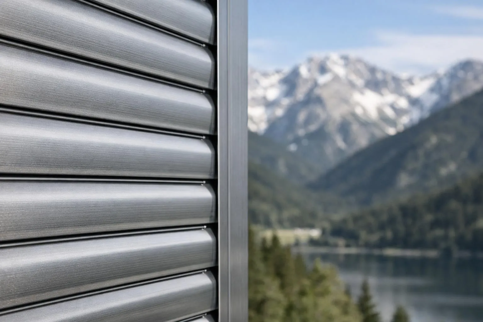 Extérieur d'une maison suisse moderne mettant en valeur des volets roulants en aluminium avec une construction visible à double paroi et une finition métallique, un paysage montagneux en arrière-plan sous une lumière du jour claire, un style de photographie architecturale professionnelle mettant l'accent