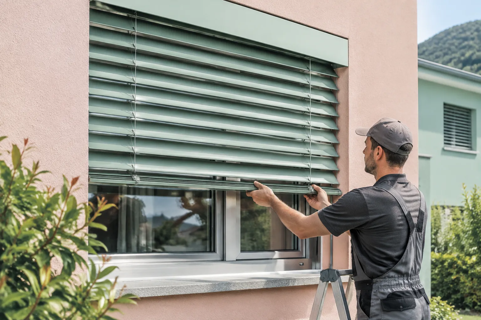 Technicien installant un volet roulant extérieur devant une fenêtre.