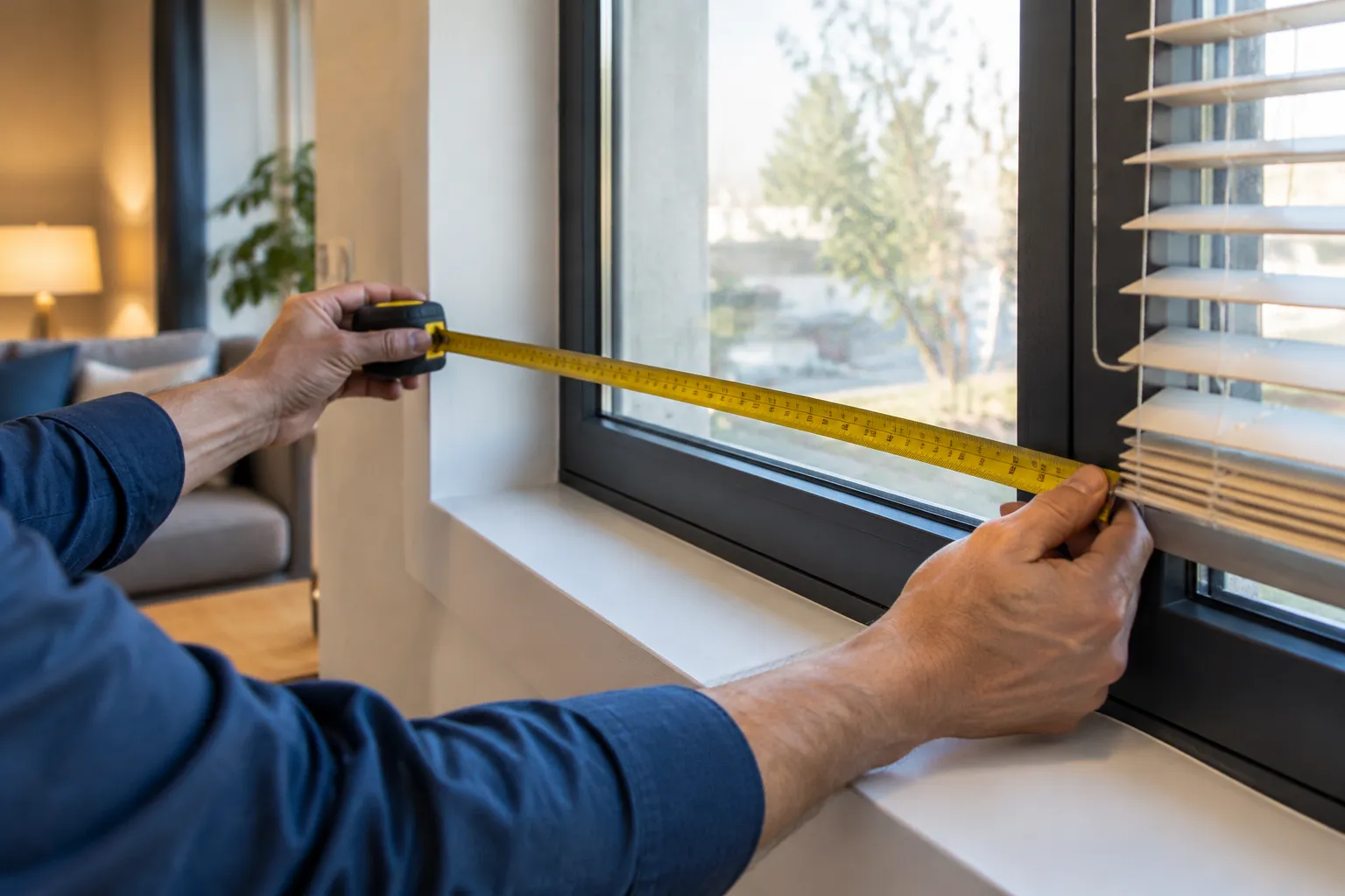 Homme mesurant la largeur d’une fenêtre avec un mètre ruban