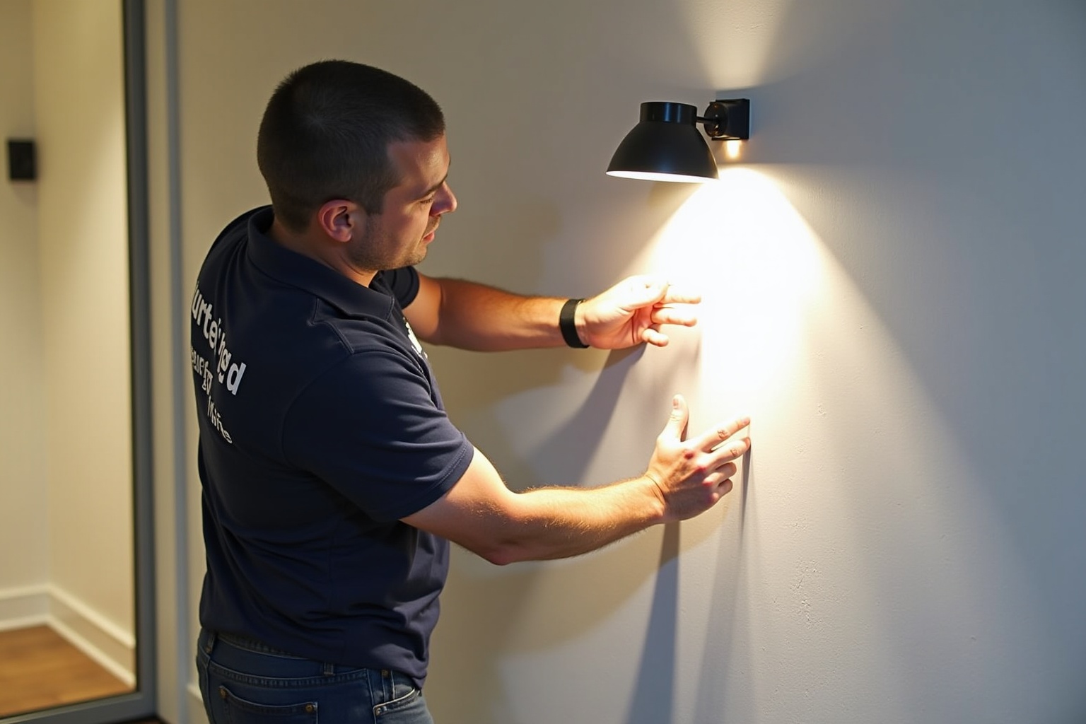 Un homme en uniforme de travail installe un éclairage mural.