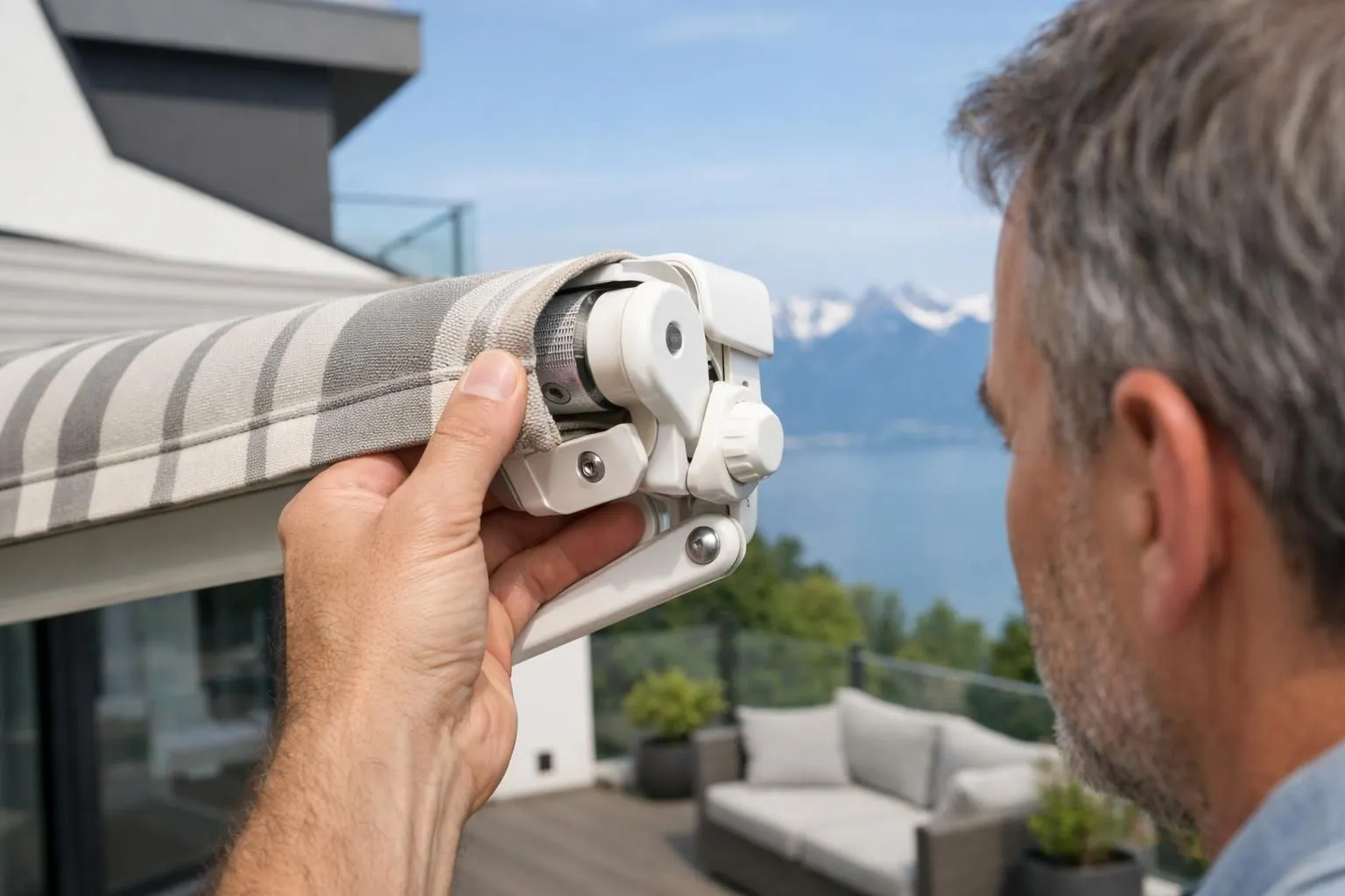 Propriétaire inspectant le mécanisme de store manuel sur une terrasse suisse ensoleillée avec le lac Léman et les Alpes en arrière-plan, gros plan de la main examinant le mécanisme du store, cadre résidentiel avec une architecture moderne épurée.