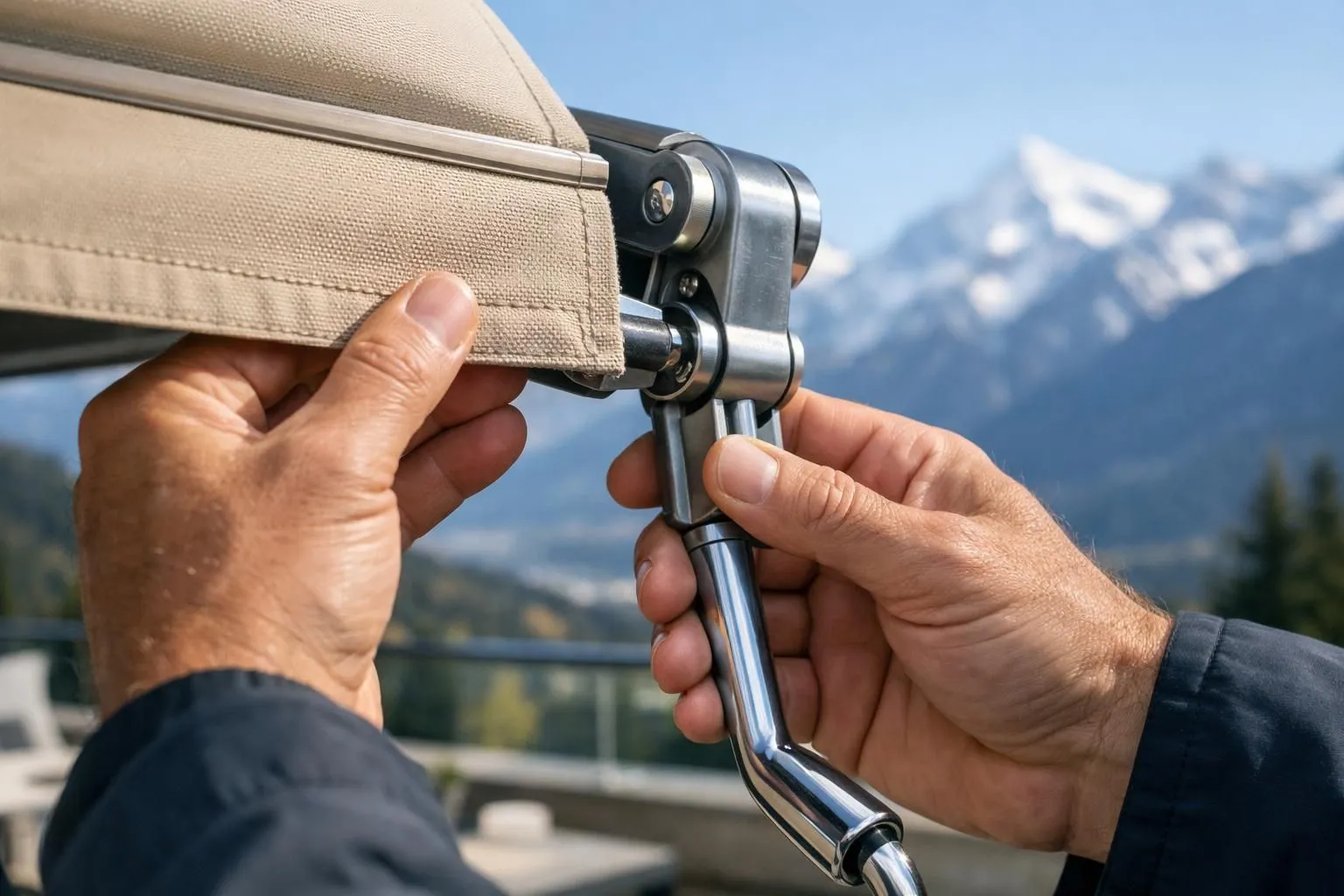 Gros plan des mains examinant le bord du tissu de store manuel beige et le mécanisme de manivelle métallique sur une terrasse suisse avec les Alpes en arrière-plan, lumière naturelle du matin, style de photographie réaliste.