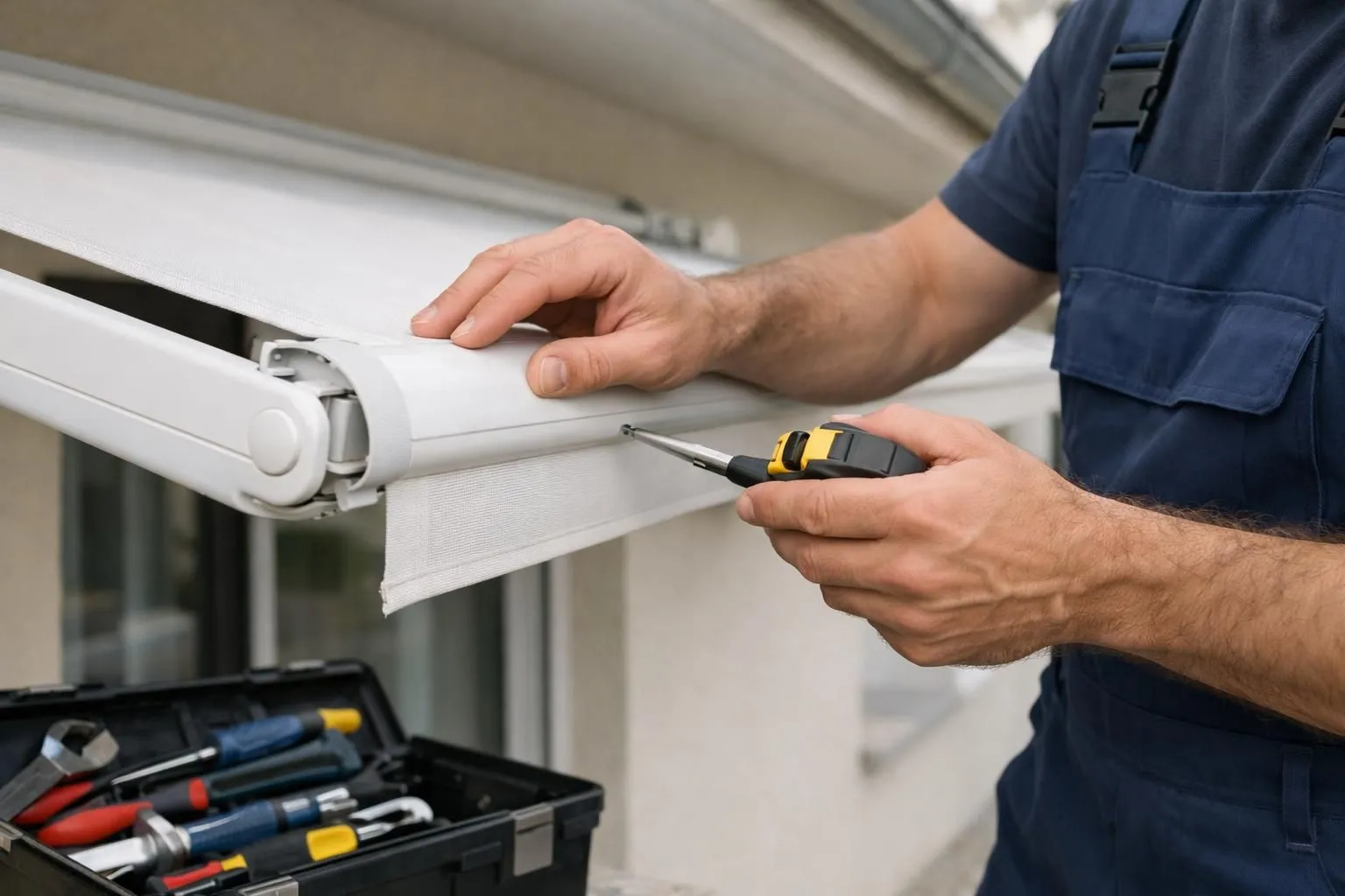Technicien professionnel en salopette inspectant minutieusement un store banne extérieur blanc avec outils de mesure et caisse à outils ouverte, devant une villa suisse moderne avec façade claire, jardinet visible en arrière-plan, lumière naturelle du jour, scène réaliste de diagnostic technique