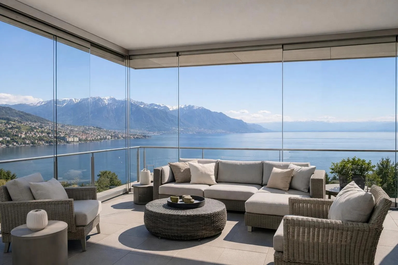 Un balcon suisse moderne avec des panneaux coulissants en verre transparent, offrant une vue sur le paysage du lac Léman, des fauteuils confortables et une petite table à l'intérieur de l'espace protégé, baigné de lumière naturelle, dans un style de photographie architecturale