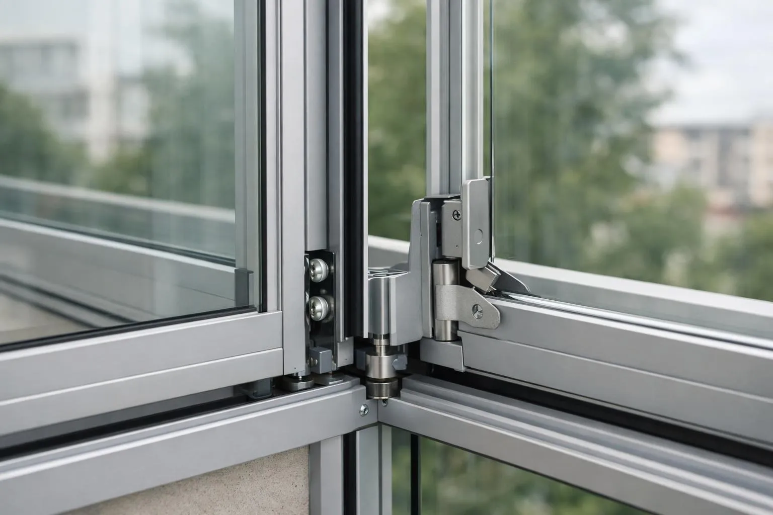 Système d'enclosure de balcon en verre moderne sur un immeuble suisse, panneaux coulissants transparents avec cadre en aluminium, vue sur les montagnes visible à travers le verre clair, sans texte ni étiquette.