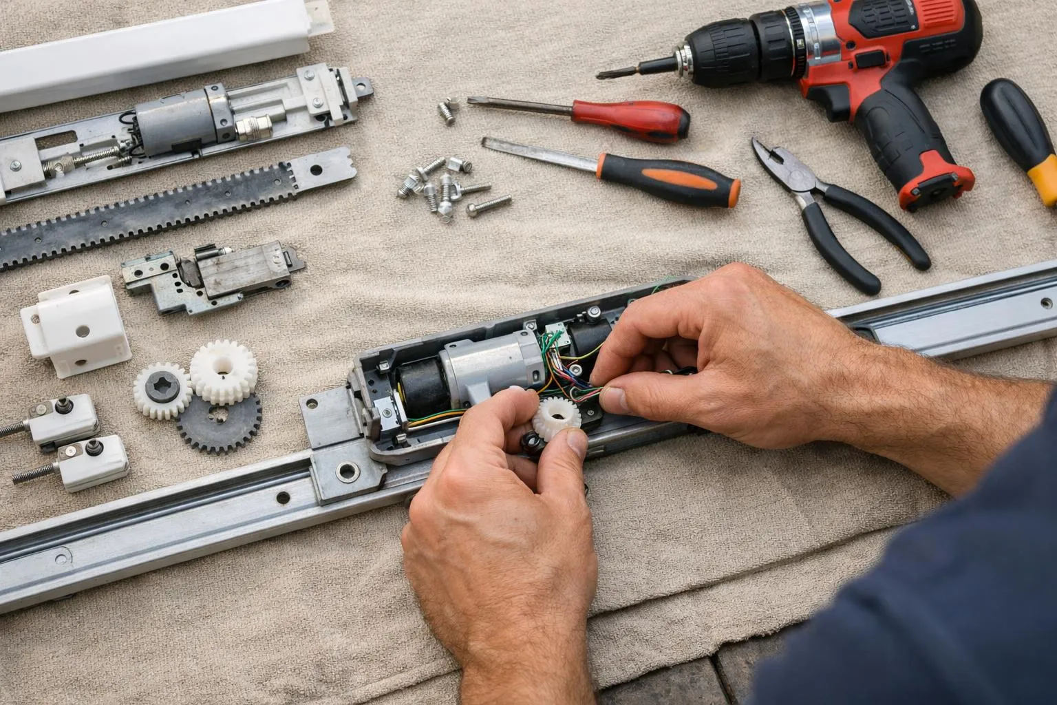 Un technicien professionnel répare le moteur et le mécanisme de la fermeture du balcon d'un immeuble résidentiel suisse, les outils et pièces de rechange sont disposés sur une feuille de protection, gros plan sur les mains travaillant sur les composants de l'auvent motorisé