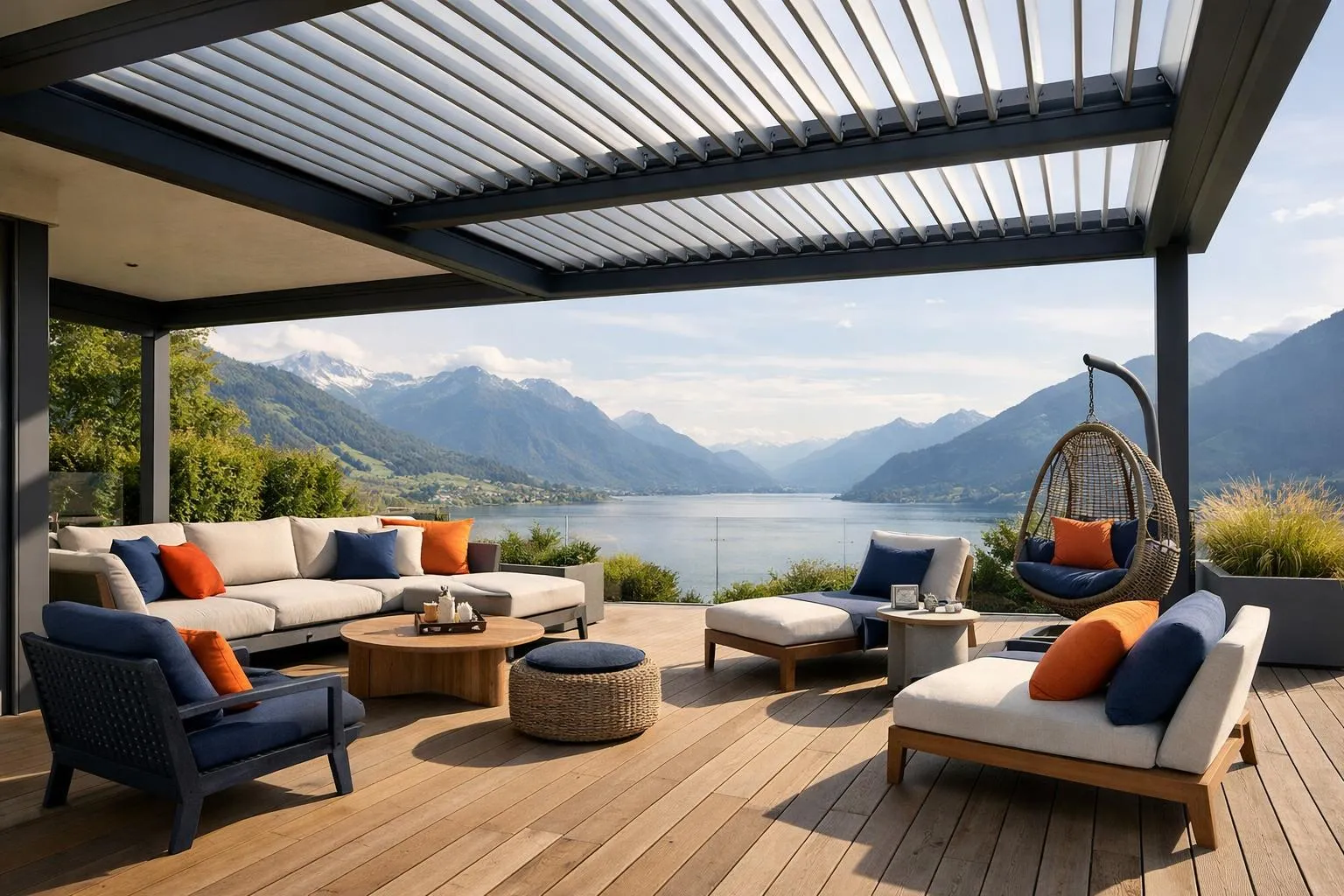 Une maison suisse moderne avec une élégante pergola bioclimatique à lames orientables sur la terrasse, un salon extérieur confortable, une terrasse en bois naturel, avec vue sur le lac et les montagnes, une douce lumière d'après-midi, les lames d'aluminium partiellement inclinées