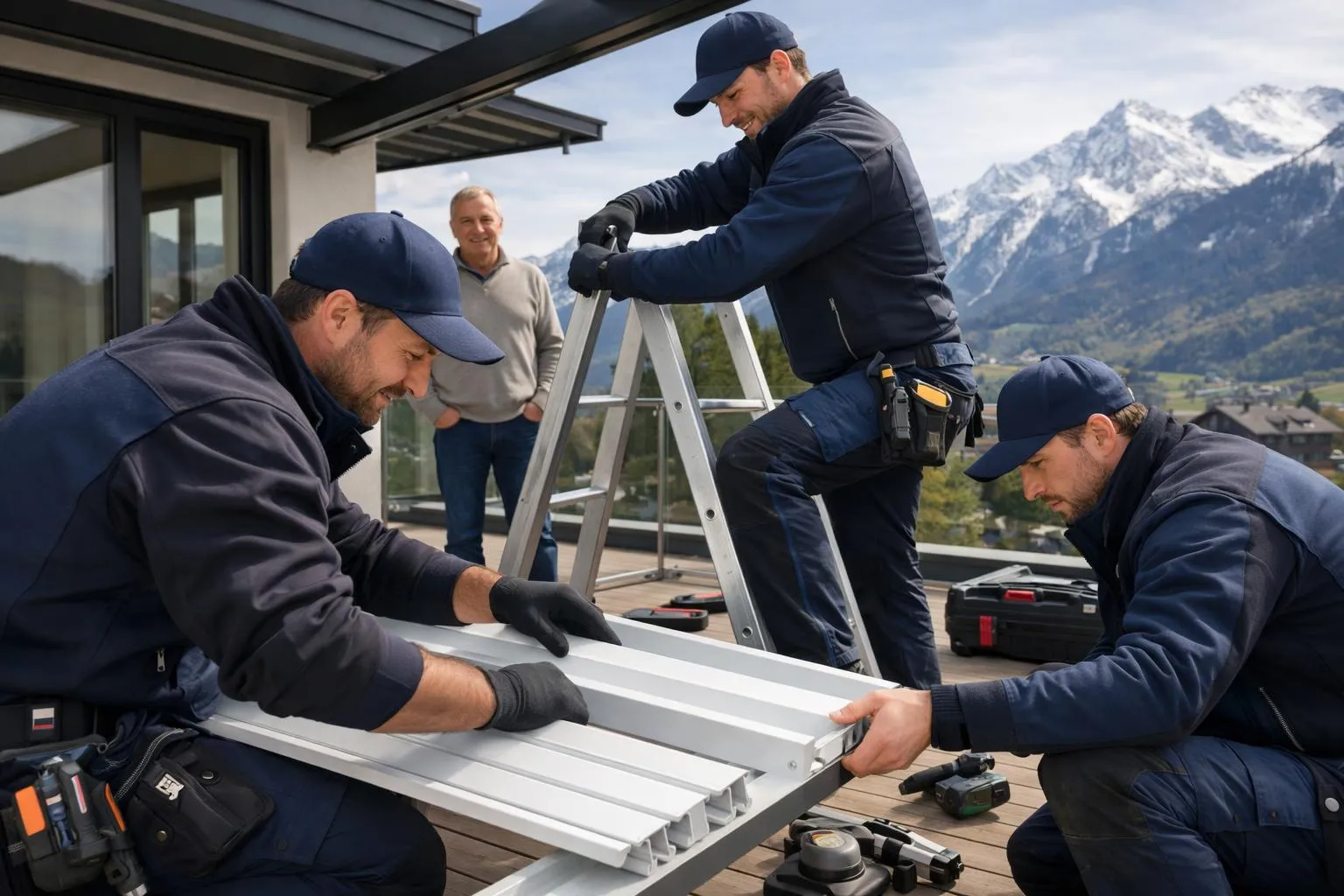 Une équipe professionnelle installe avec soin des lames de pergola réglables sur une terrasse suisse moderne, portant des vêtements de travail de marque, des outils de précision visibles, un décor montagneux résidentiel, le propriétaire satisfait observe, lumière naturelle, espace de travail bien
