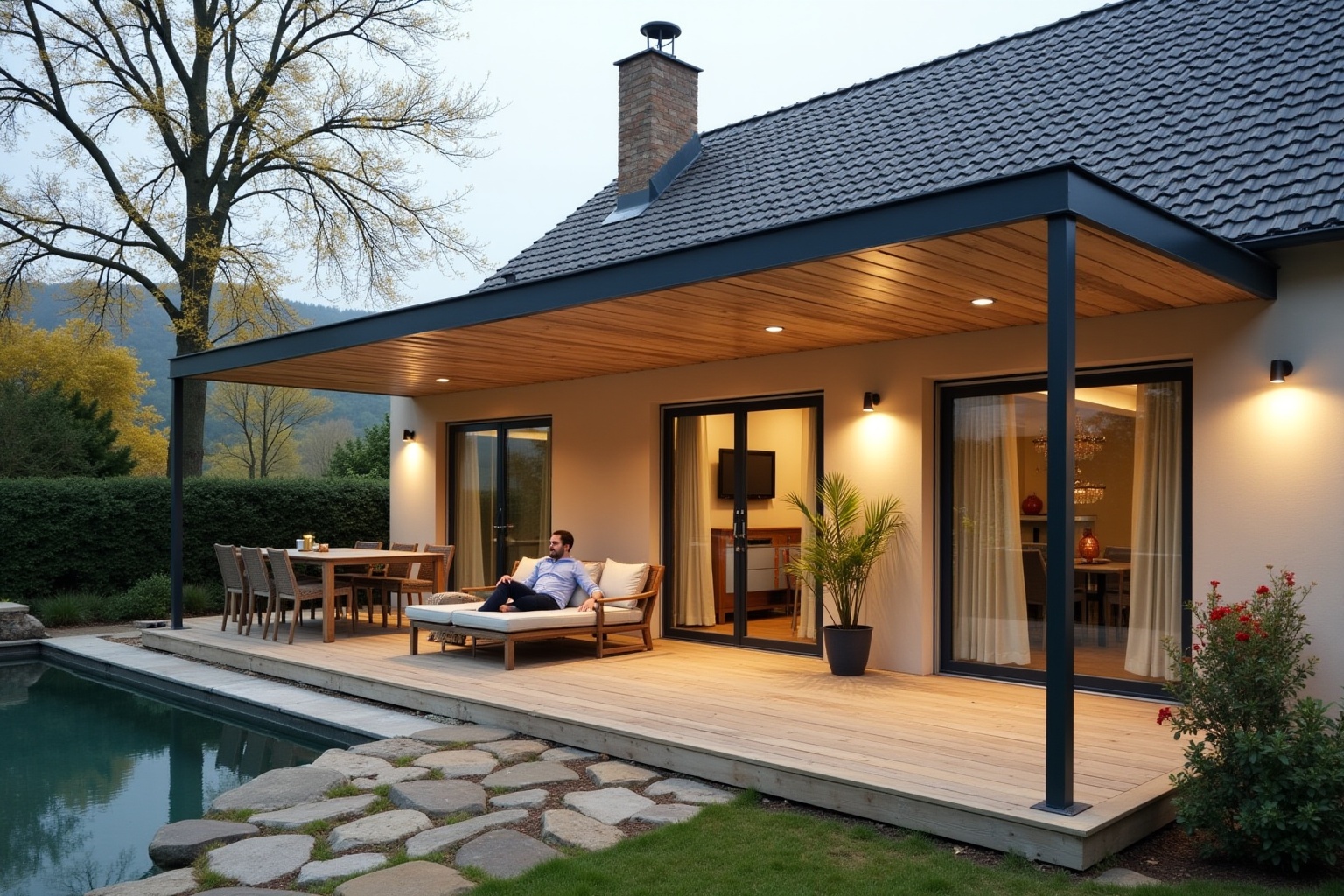 Maison moderne avec terrasse couverte, piscine et jardin paysager.