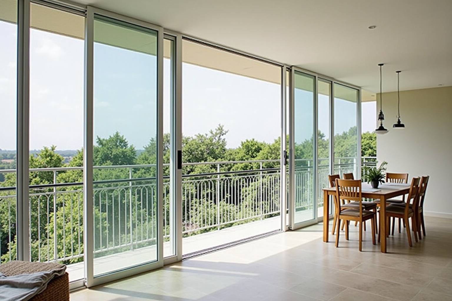 Salle à manger avec vue panoramique sur la nature verdoyante.