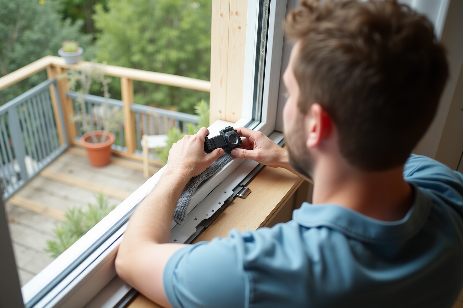 Homme photographiant la nature depuis le balcon de son domicile.