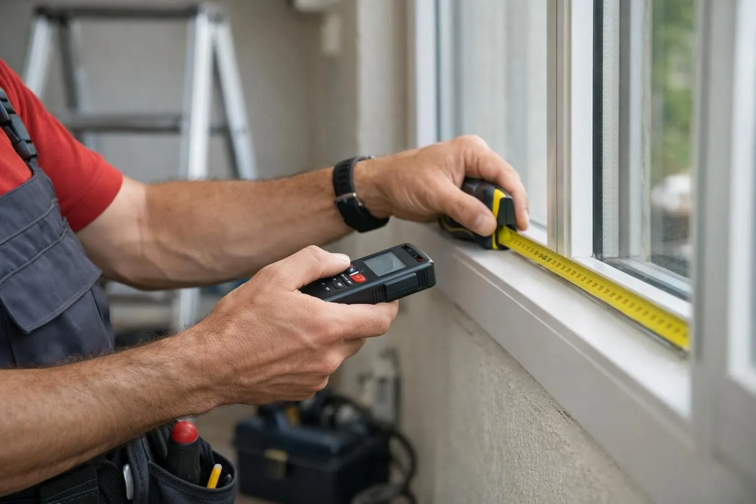Un technicien suisse en amélioration de l'habitat mesure avec précision un cadre de fenêtre à l'aide d'un mètre ruban et d'outils numériques pour installer un moustiquaire sur mesure, avec un éclairage naturel et un équipement d'installation visible en arrière-plan.