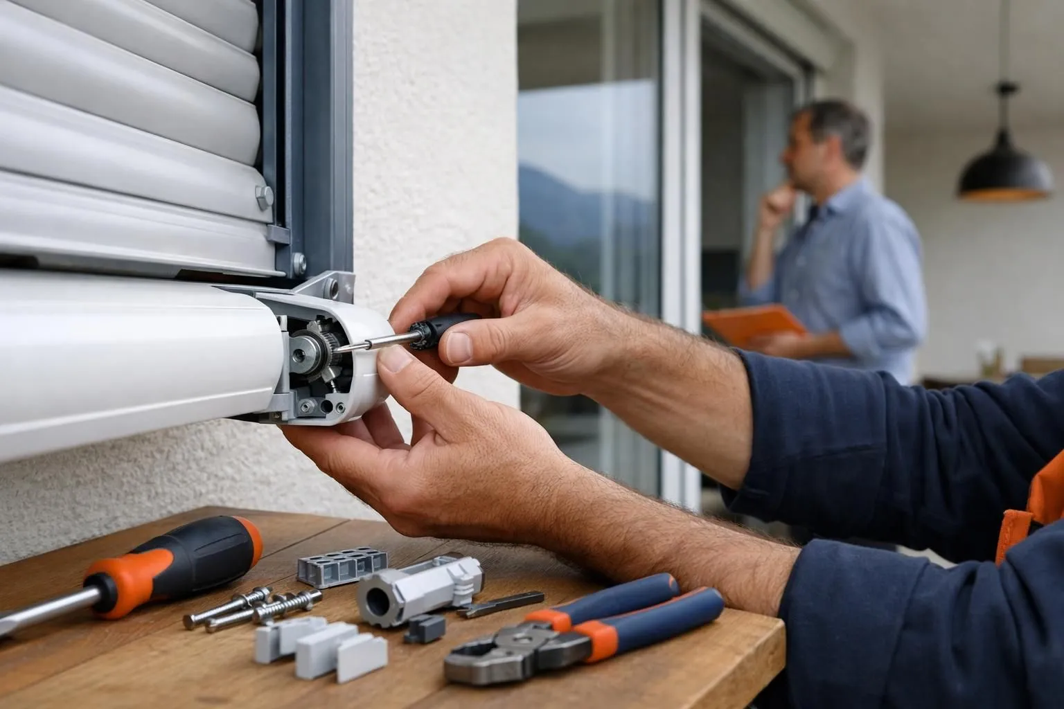 Des mains expertes réparent un mécanisme de store extérieur en aluminium sur un balcon suisse, avec des outils et pièces de rechange visibles, dans une approche durable.
