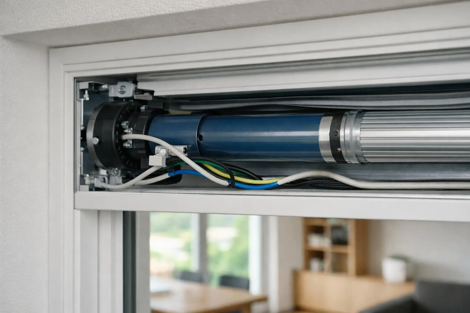 Gros plan du mécanisme d'un moteur de volet roulant électrique avec composants tubulaires et câblage visibles dans un cadre de fenêtre blanc, détails techniques du système motorisé dans un intérieur suisse moderne avec éclairage naturel.