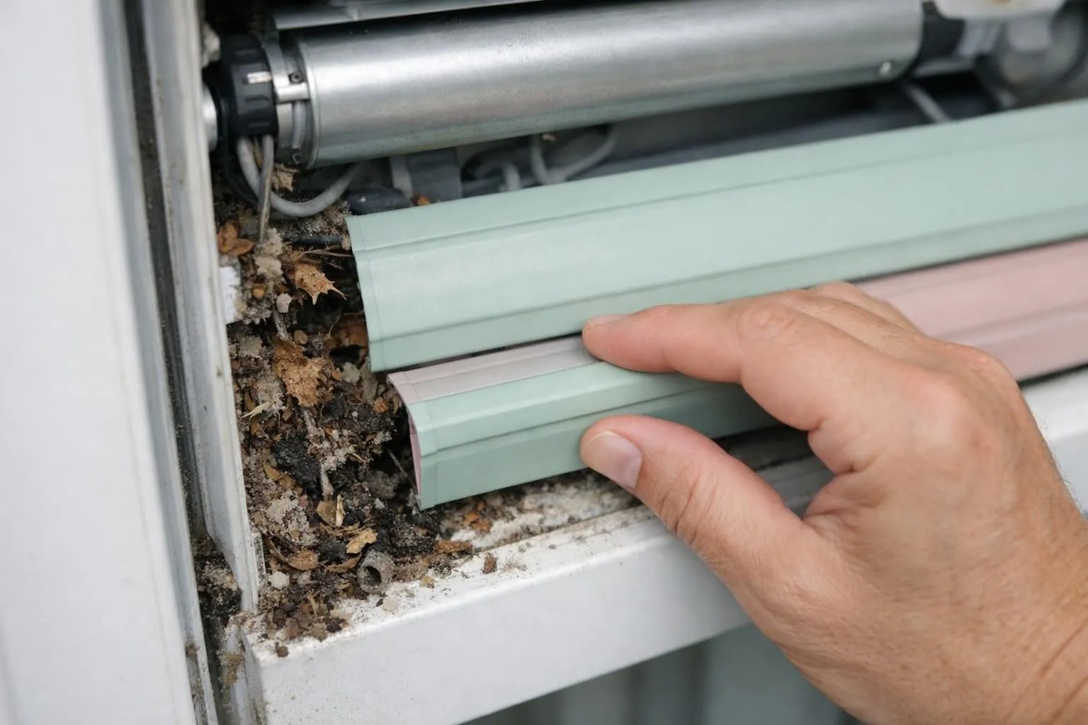 Vue rapprochée d'un mécanisme de volet roulant électrique bloqué avec accumulation visible de débris dans les rails de guidage, fenêtre résidentielle suisse avec la main du propriétaire inspectant les lames bloquées, lumière du jour naturelle, photographie technique réaliste montrant une défaillance