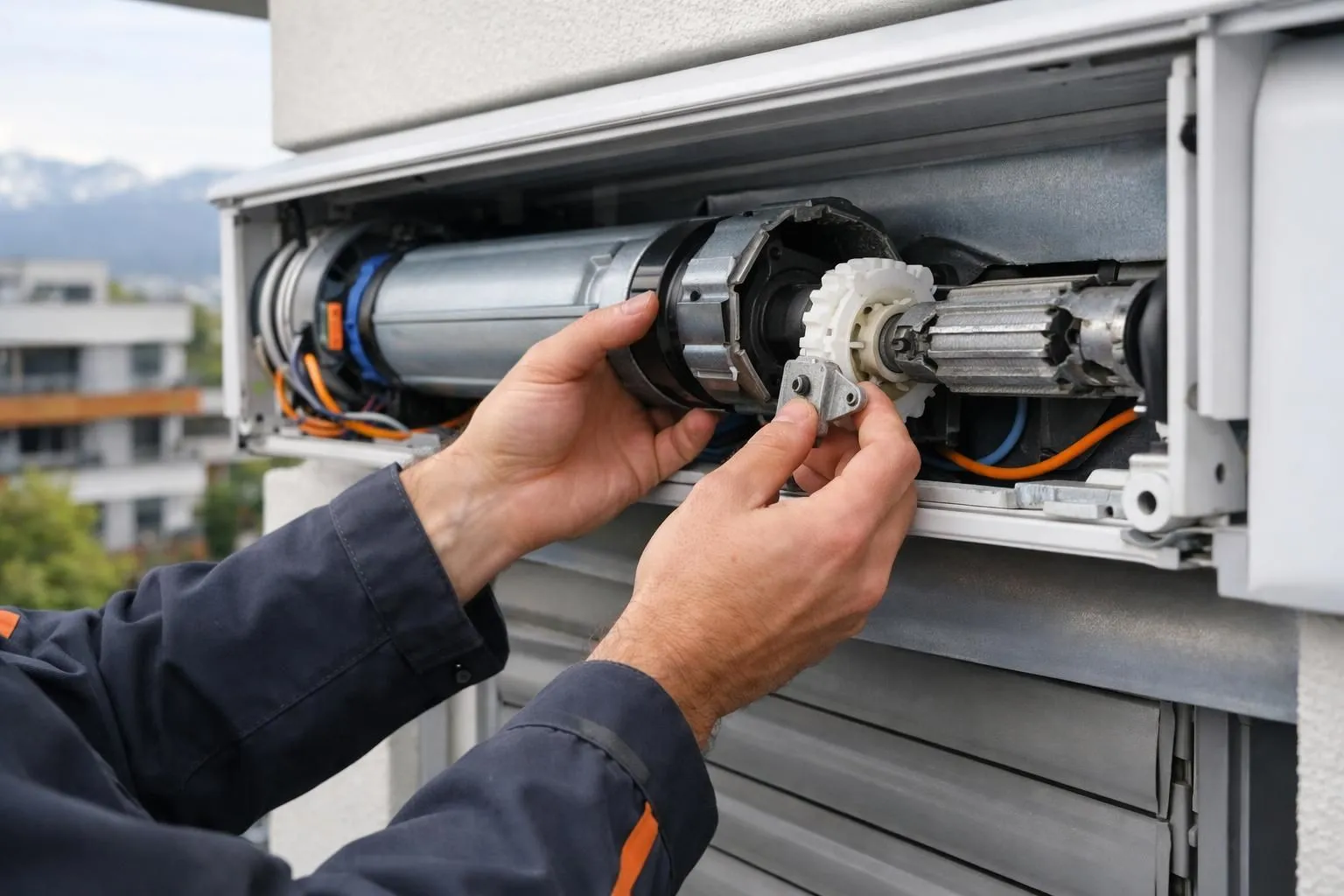 Gros plan des mains d'un technicien de maintenance inspectant un mécanisme de store extérieur motorisé défectueux sur la façade d'un bâtiment moderne à Lausanne, montrant les composants mécaniques internes et le boîtier du moteur, la lumière du jour naturelle, contex