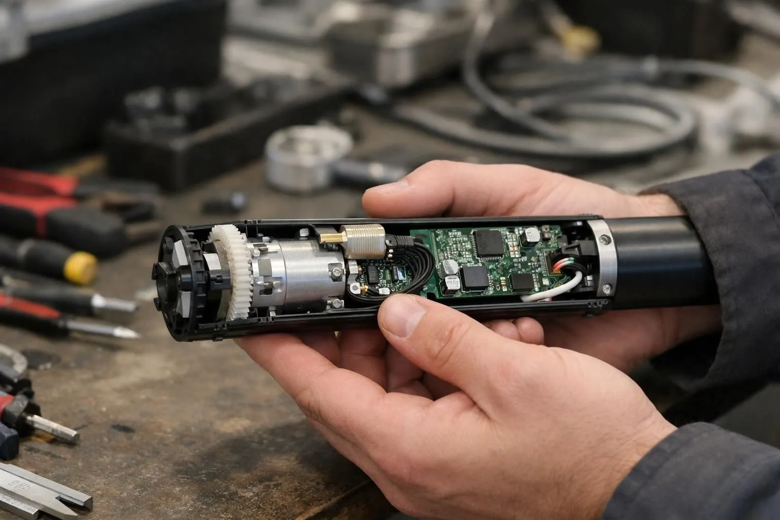 Technicien en bleu de travail tenant délicatement un moteur de store Somfy démonté dans un atelier lumineux, exposant les composants internes mécaniques et électroniques, pièces métalliques visibles, établi professionnel en arrière-plan avec outils spécialisés